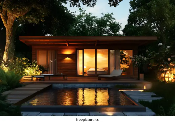 Modern Wooden Cabin with Swimming Pool at Night