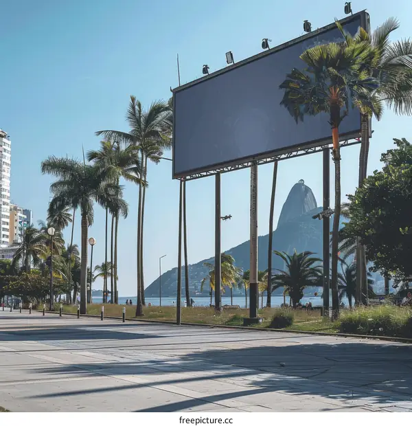 Palm trees and a blank billboard on a sidewalk in Rio de Janeiro