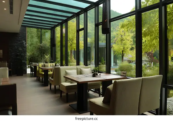 Modern Restaurant with Large Windows and Garden Views