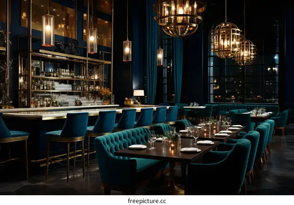 Dark Blue and Gold Luxury Restaurant Interior Design