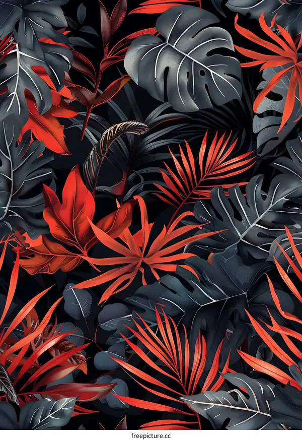 Tropical Leaves Seamless Pattern Dark Red and Black Colors