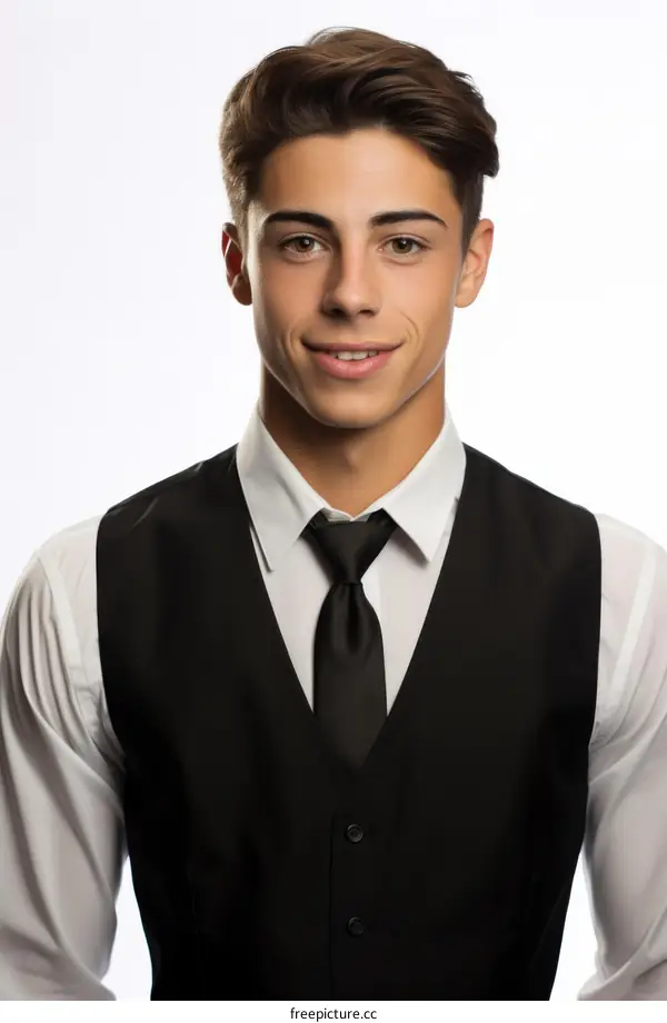 Headshot of a young man in a white shirt and black vest