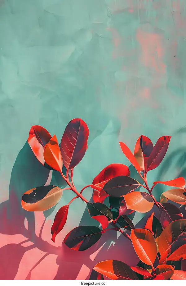 Red Leaves On A Teal Wall Background