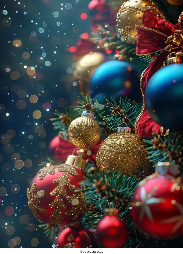 Christmas Tree Decorated with Festive Christmas Ornaments and Lights