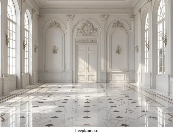 A Grand Hall with Marble Floor and White Walls