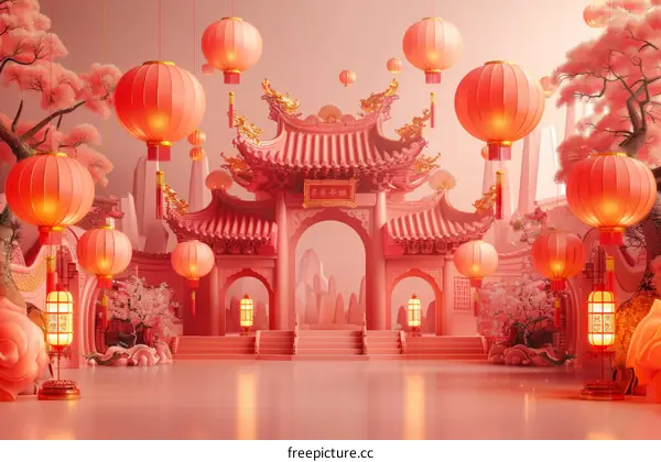 Pink Temple Gate for Chinese New Year Celebration