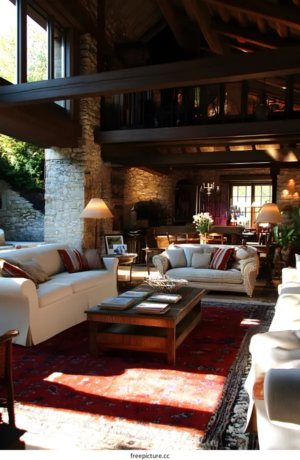 Rustic Living Room With Stone Walls And Large Windows