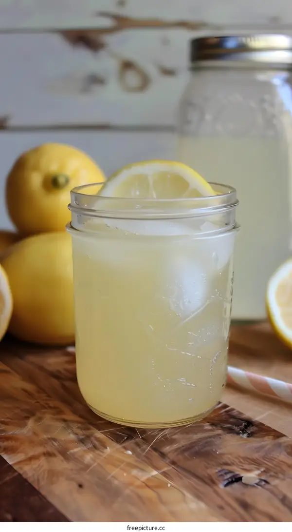 Refreshing Homemade Lemonade In Glass Jar With Lemon Slice