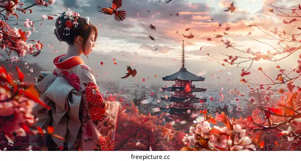 A woman in a kimono standing in a field of red flowers with a pagoda in the background