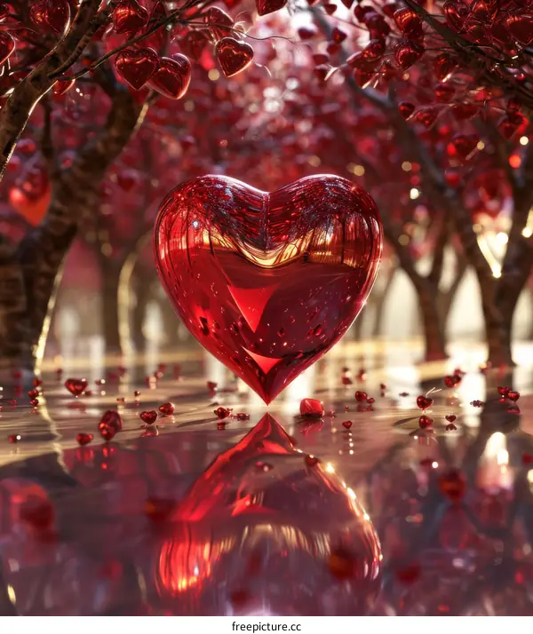 Glass heart in surreal red forest of love
