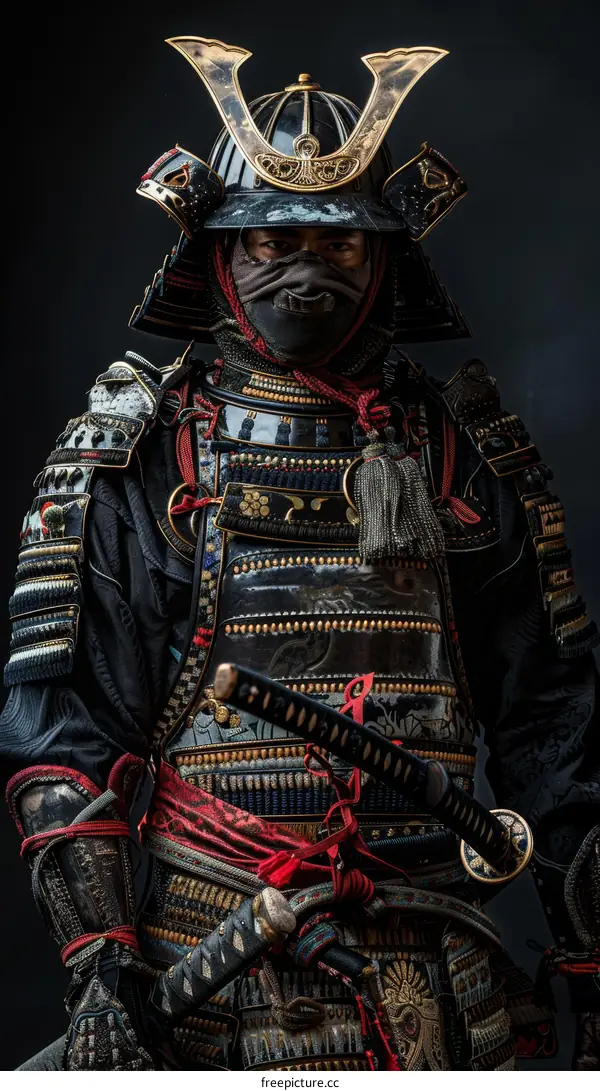 Portrait of a samurai warrior wearing traditional armor and mask