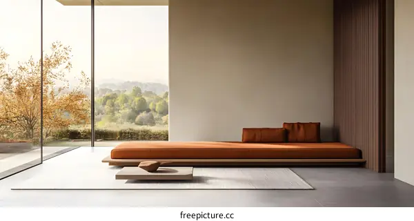 Modern Minimalist Living Room Interior Design with Wooden Floor and Large Window