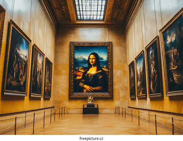Mona Lisa Painting in Louvre Museum Hallway