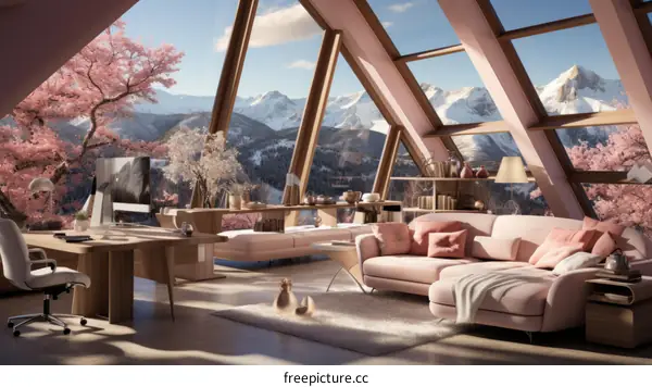 A cozy living room with a beautiful view of the snow-capped mountains