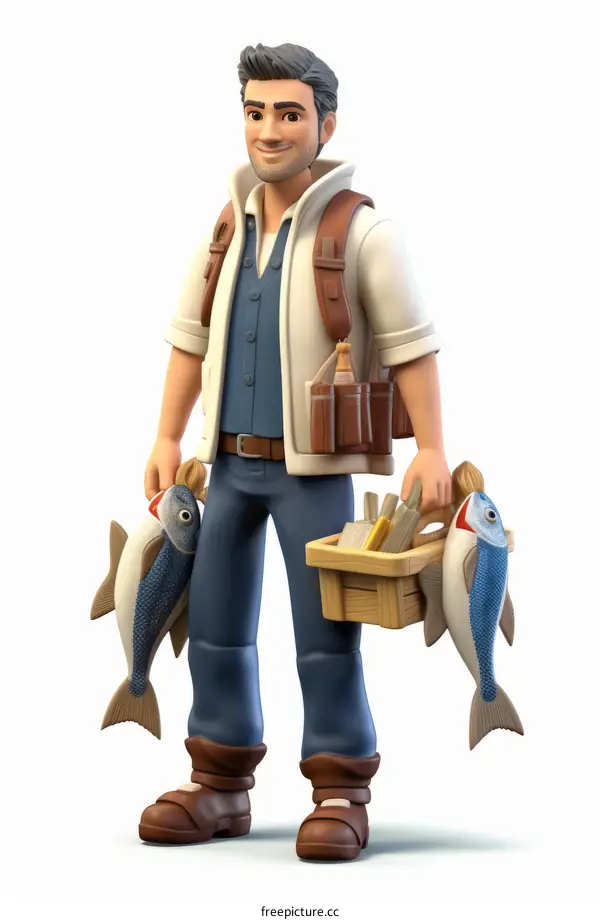 fisherman holding two fishes in hands and a box