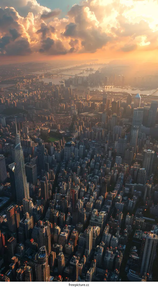 Cityscape at Sunset with Skyscrapers and River
