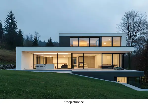 Modern White House with Large Windows and Green Lawn