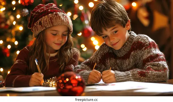Christmas Children Writing Letters to Santa Claus