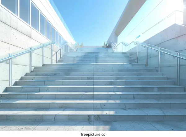 An upward view of a wide set of concrete stairs with glass and metal railings on either side