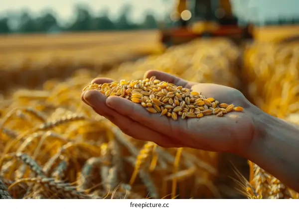 A farmer's hand holding a handful of wheat with a combine harvester in the background