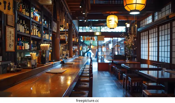 Traditional Japanese Bar Interior with Counter and Stools