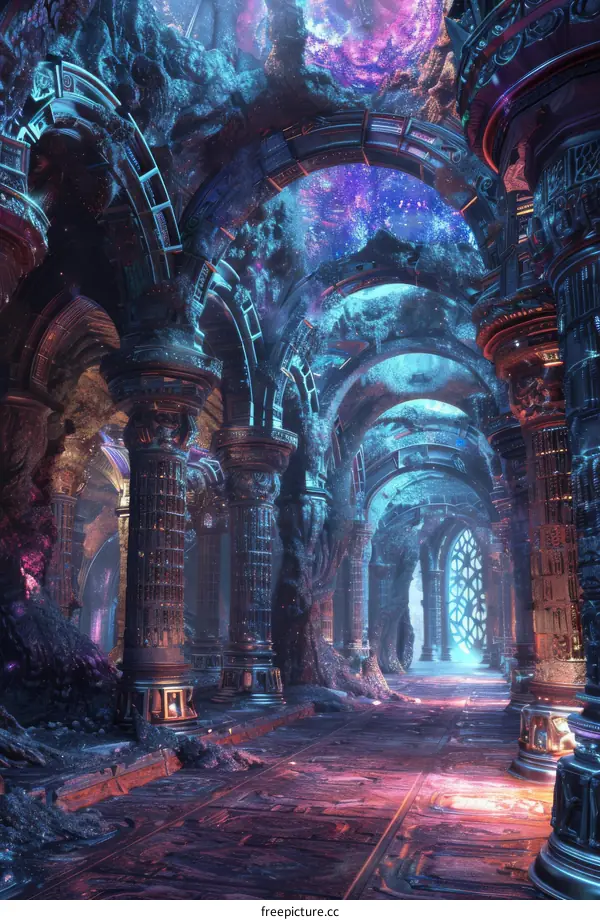 Mystical Temple with Glowing Crystals and a Starry Night Sky