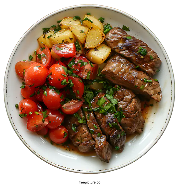 [Transparent Background PNG]Beef steak with tomato salsa and potatoes