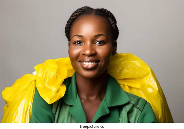 portrait of a smiling young african woman in a green uniform with a yellow garbage bag over her shoulder