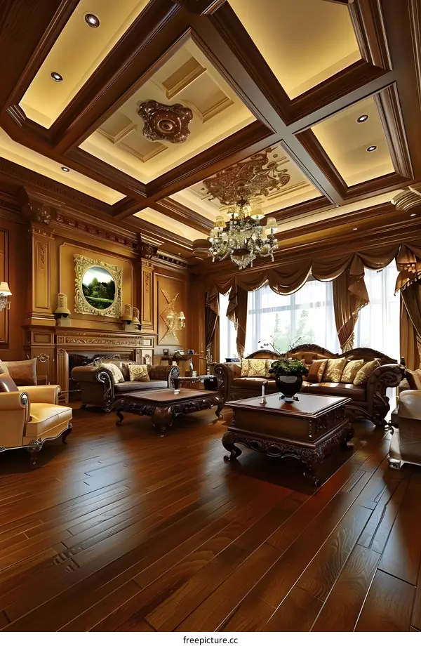 Luxury Living Room Interior Design With Wooden Ceiling and Chandelier