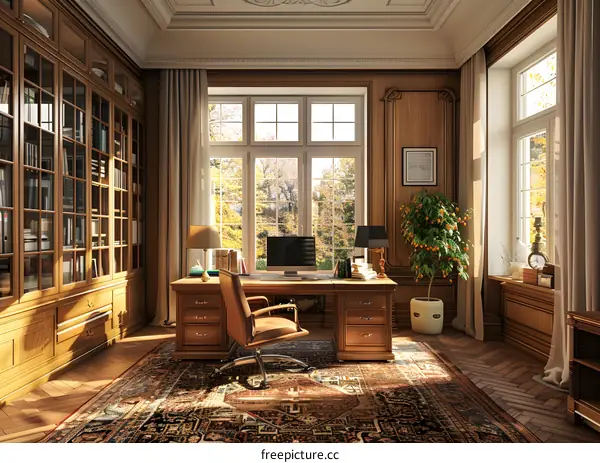 Luxurious home office interior with a large wooden desk, comfortable leather chair, bookshelves, and a potted orange tree.