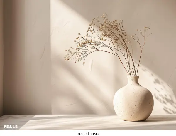 Dried flowers in a vase on a table with sunlight and shadows