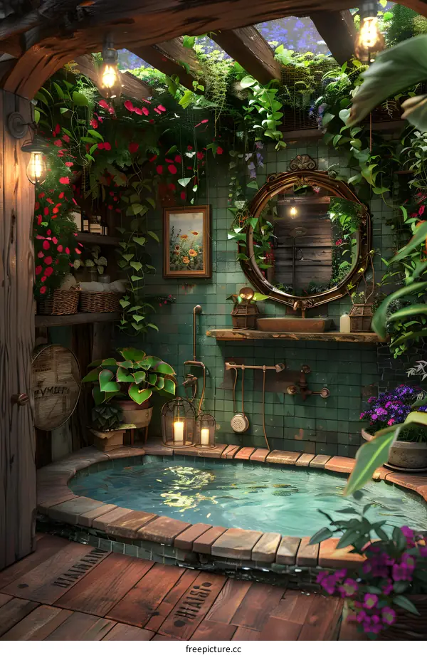 A bathroom with a bathtub, a sink, and a mirror. The bathroom is decorated with plants and flowers.