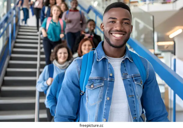Smiling Student In A Denim Jacket Standing In A Line
