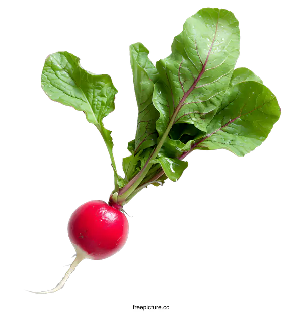 [Transparent Background PNG]Single red radish with green leaves on white background
