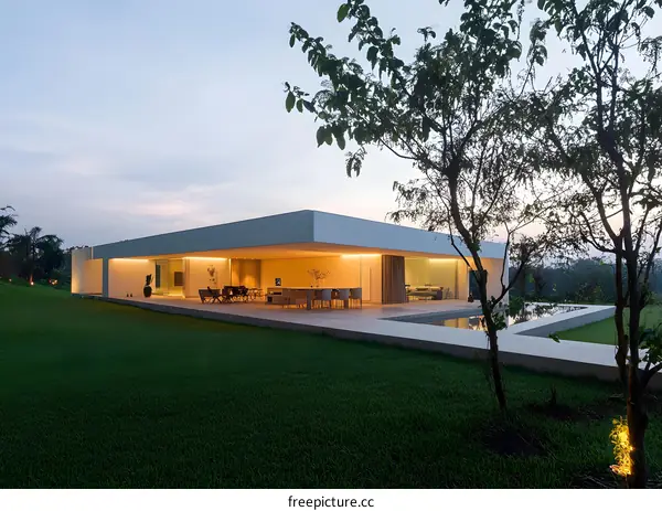 Modern White House with Swimming Pool and Green Grass Lawn