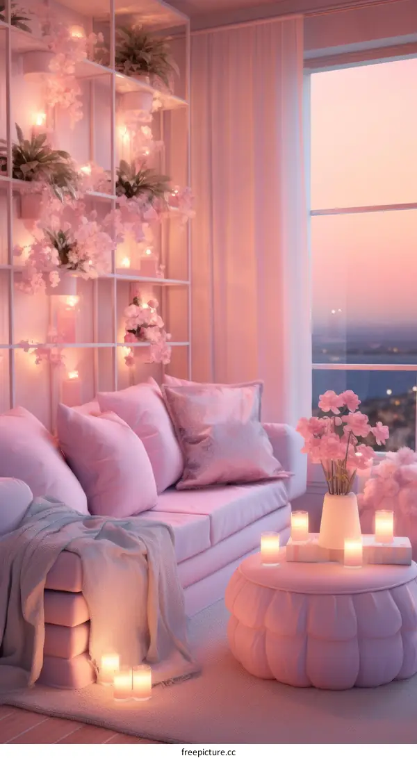 Elegant pink living room with sofa and large windows
