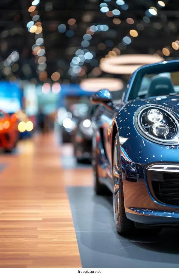 Sleek Blue Porsche on Display at Auto Show