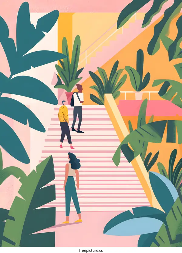 Three People Walking Up Stairs In A Tropical Building Illustration