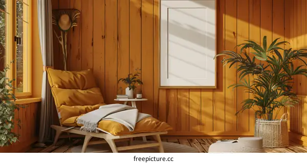 Yellow Wooden Wall Interior Design With Chair and Palm Plant