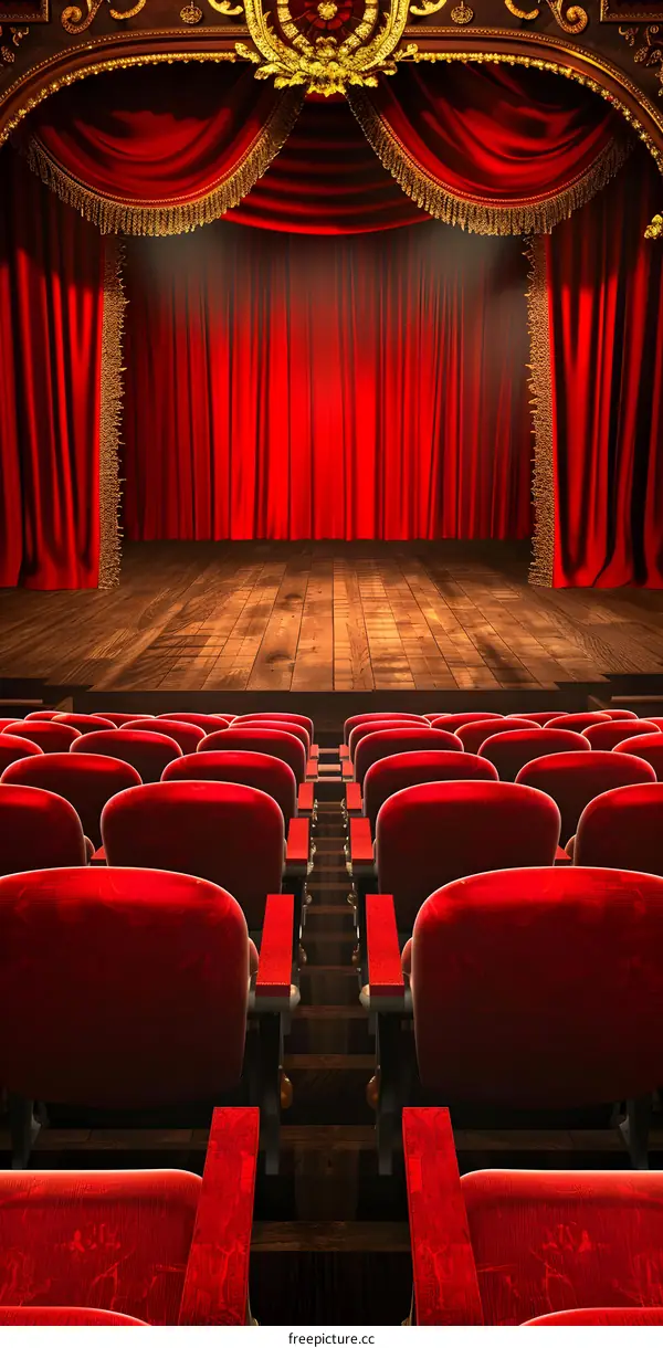 Red Stage Curtains with Seats for a Theater Performance