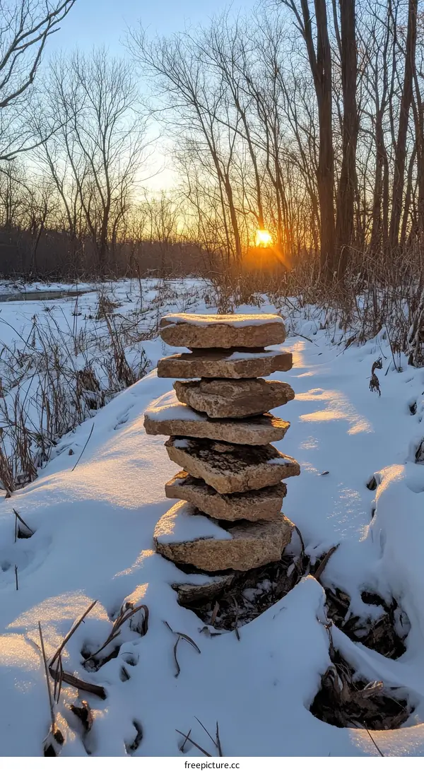 Winter Sunset with Stacked Stones