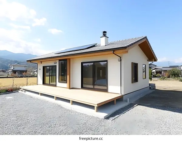 Modern Japanese Style House With Wooden Deck and Solar Panels
