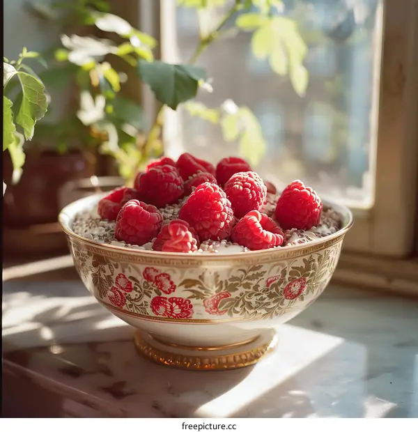 A Bowl of Red Raspberries Sits on a Table by a Window