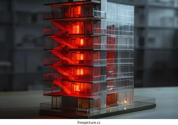 Modern Architecture Building Model with Red Lighting