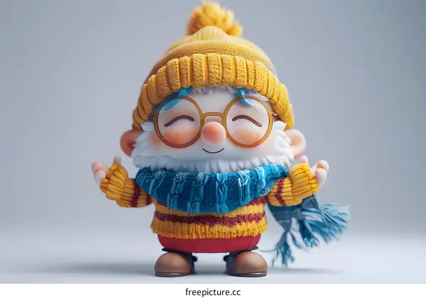 3d rendering of a cute cartoon gnome wearing a yellow hat and blue scarf