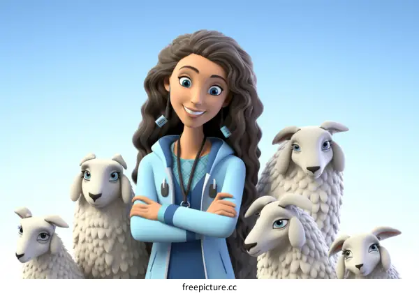 Smiling Shepherdess with Her Flock