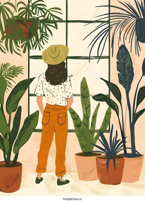 Woman in Hat Looking Out Window Surrounded by Plants
