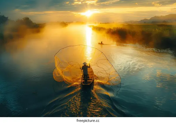 Fisherman in boat casting net at sunset in Inle Lake, Myanmar