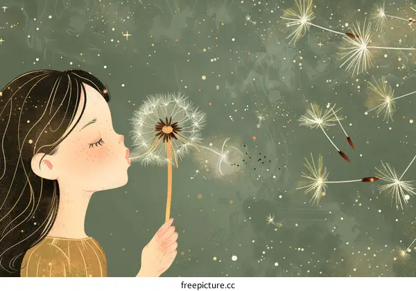 Little Girl Making a Wish Blowing Dandelion Seeds