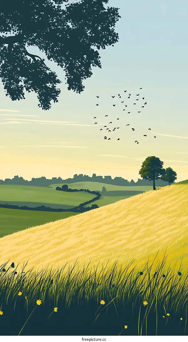 Illustrated Landscape with a Flock of Birds Flying Over a Rolling Hill